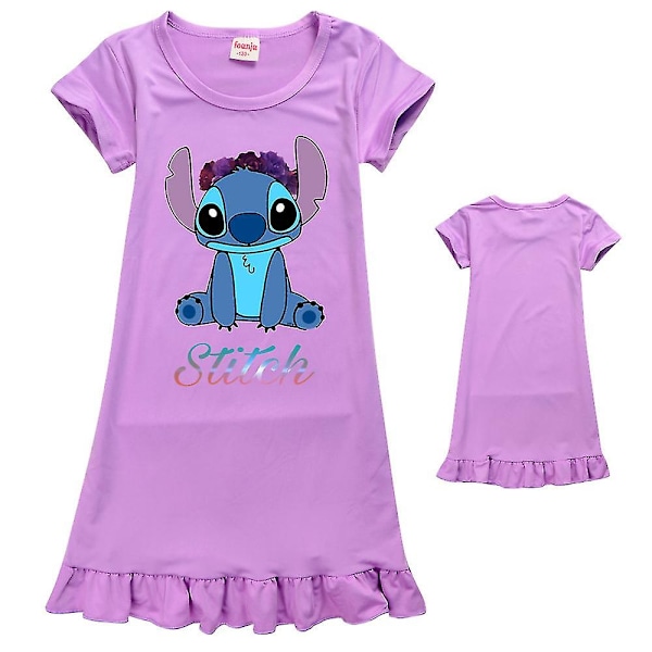 Søte Lilo & Stitch-trykte nattkjole-pyjamas for jenter 7-14 år, kortsermet, lilla Purple 7-8Years