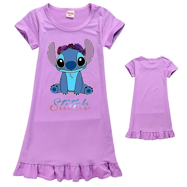 Søte Lilo & Stitch-trykte nattkjole-pyjamas for jenter 7-14 år, kortsermet, lilla Purple 7-8Years