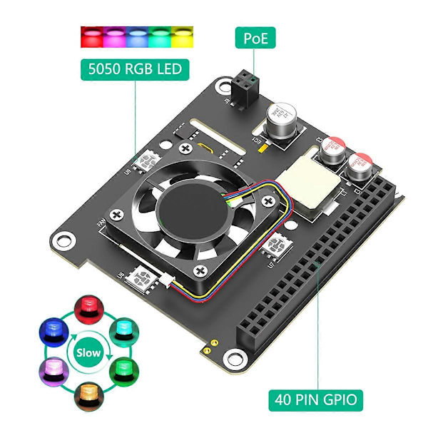 [KK] PoE HAT til Raspberry Pi 5 med køleventilator/computermodul 5, med automatisk misfarvning LED-lys Black