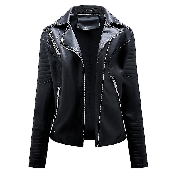 Naisten yksivärinen, kauluksinen, rento, lyhyt, slim fit -nahkatakki Black S