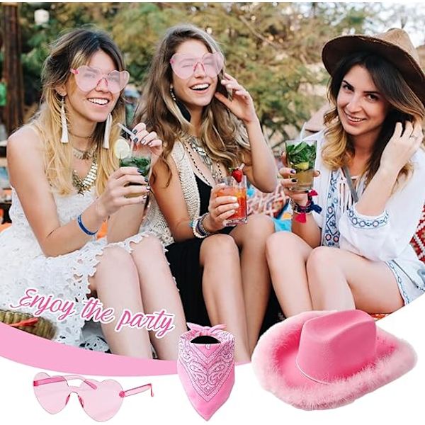 Rosa Cowboyhatt Set Rosa Frans Cowgirlhatt med Hjärtglasögon och Rosa Bandana för Kvinnor Flickor Perfekt Western Cowgirl Cosplay Kostym