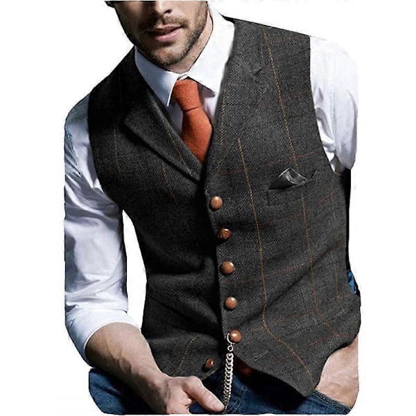 Miesten Ruudullinen Sulhasen Liivi Tweed Business Puku Häät Smokki Liivi BLACK S