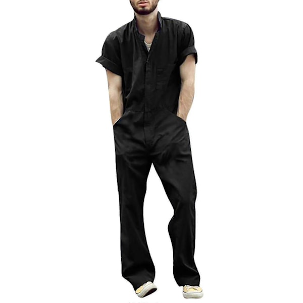 Miesten vetoketjullinen haalari, jossa kaulus ja yksivärinen jumpsuit - YuJia Black XL