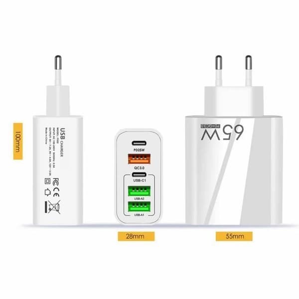 Hurtiglader - YuanYuan - 65W - 2 USB-C + 2 USB + 1 QC 3.0 - Hvit