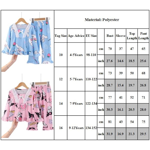 Sanrio Kuromi Kostume Børne Langærmede Pyjamas Piger Drenge Tegneserie T-shirt+Bukser 2stk/sæt Børns Casual Nattøj A A 9-12Years