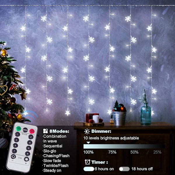 Newhale 8 Modes Julegardinlysstreng med Snefnug og Stjerne White