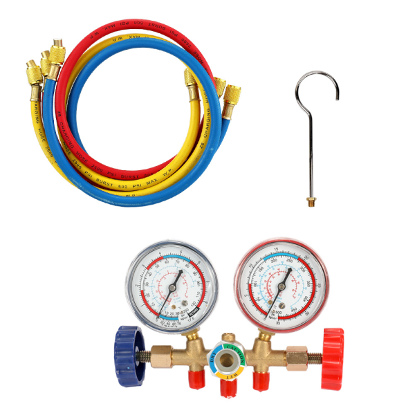 SQBB Kylmedelsmanifold Kit Luftkonditioneringsverktyg med slang och krok för R12 R22 R404a R134a