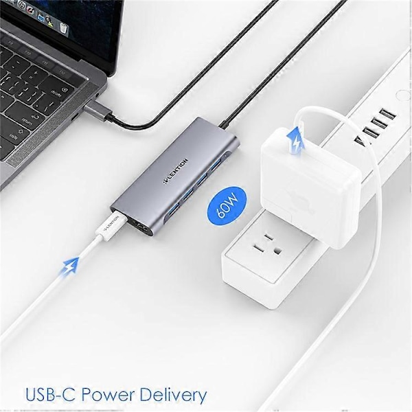LENTION C35H-1M USB-C Hub -muunnin, moniporttinen telakointiasema, Type-C - 4 USB-A3.0+HD+PD -adapteri, yhteensopiva macOS:n ja Windowsin kanssa Grey