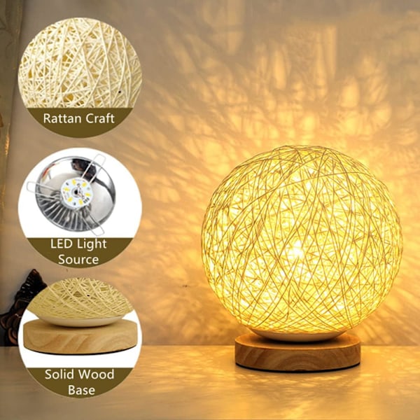 Träbordslampa, Rattan LED-nattlampa, RGB-sänglampa med handgjord lampskärm och fjärrkontroll för sovrum, vardagsrum, sängbord