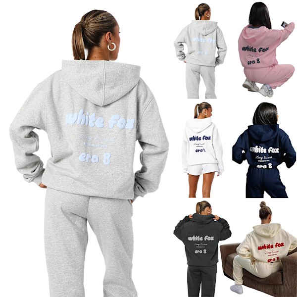 Hvid Fox Hoodies Tracksuit Trykt Sweatshirt Top & Joggingbukser Sæt Sport Jogger Streetwear Hvid White S