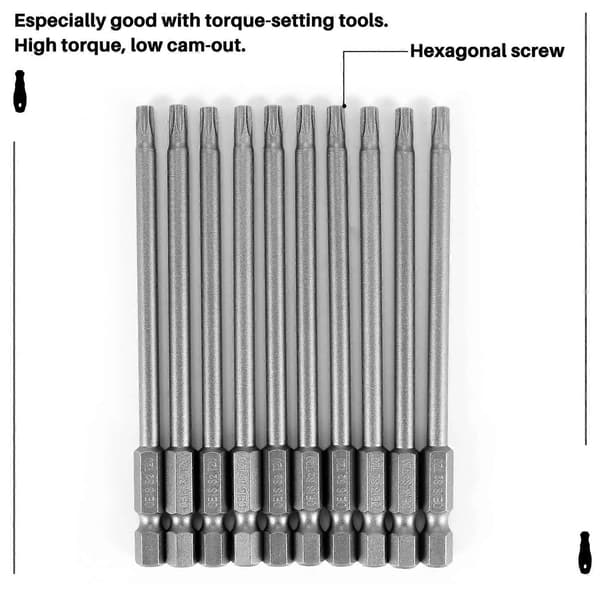 10st 100mm Längd 1/4 tum T20 Torx Skruvmejselbits, Silvergrå
