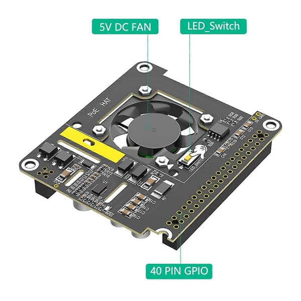 [KK] PoE HAT til Raspberry Pi 5 med køleventilator/computermodul 5, med automatisk misfarvning LED-lys Black