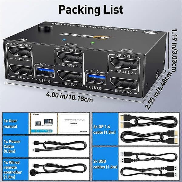 KVM-switch med dubbla skärmar DisplayPort för 2 datorer, 4 USB3.0-portar, 2 in 2 ut DP 1.4 KVM-switch Black