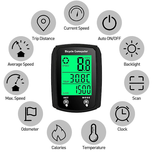 Kablet Cykelcomputer 19 Funktioner Touch Cykel Speedometer Odometer Vandtæt Cykelcomputer med Baggrundsbelysning Black