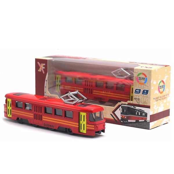 Klassisk tågspårvagn Diecast Pull Back modell med led musik utvecklingsbarn leksak Red