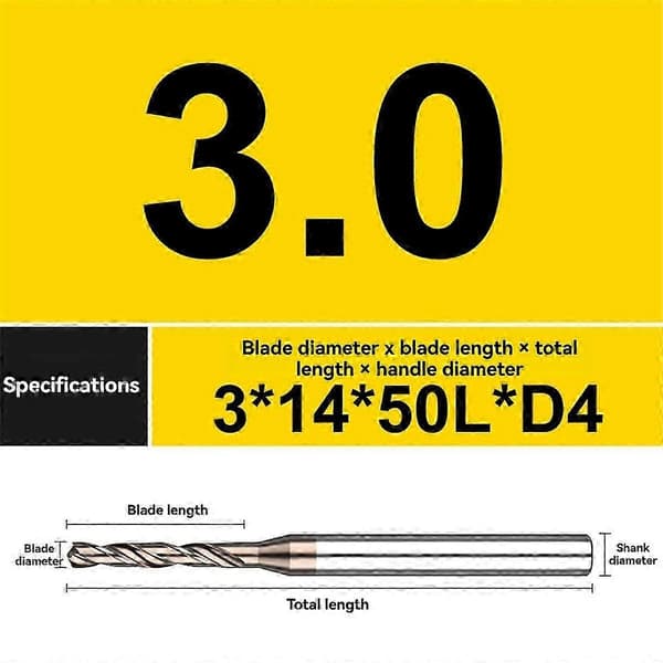 3 stk. solide bor av wolframkarbid for metall, 3,0–5,0 mm diameter