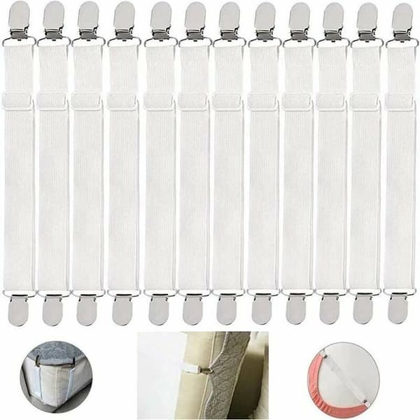 12 elastiske madrassklips, justerbare lakenstropper, hvit