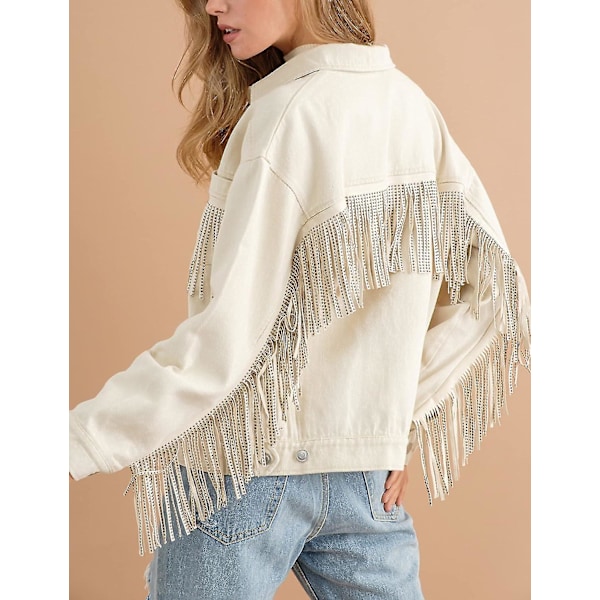 Dames Rhinestone Fringe Denimjakke Langærmet Casual Tassel Jeanjakke Frakke Beige Beige X-Large