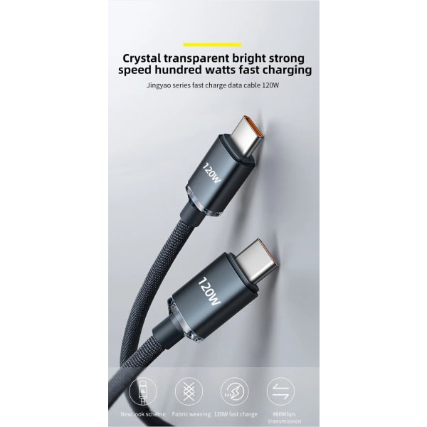 120W 6A Typ C till Typ C-kabel för Iphone 15 Xiaomi Samsung Mobiltelefon Snabbladdning USB C-kabel Typ C Snabbladdarlinjer Svart