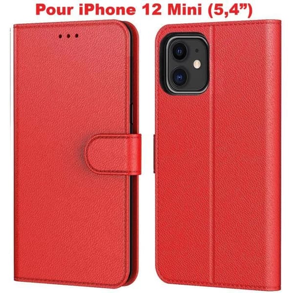 Etui - NEW&TECK - iPhone 12 Mini (5.4\") - Mikrofiberlæder - Magnetisk lukning - Rød