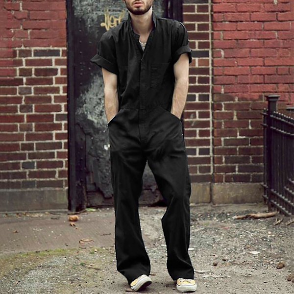 Zipper-overaller for menn med jakkeslag, ensfarget jumpsuit-YuJia Black XXL