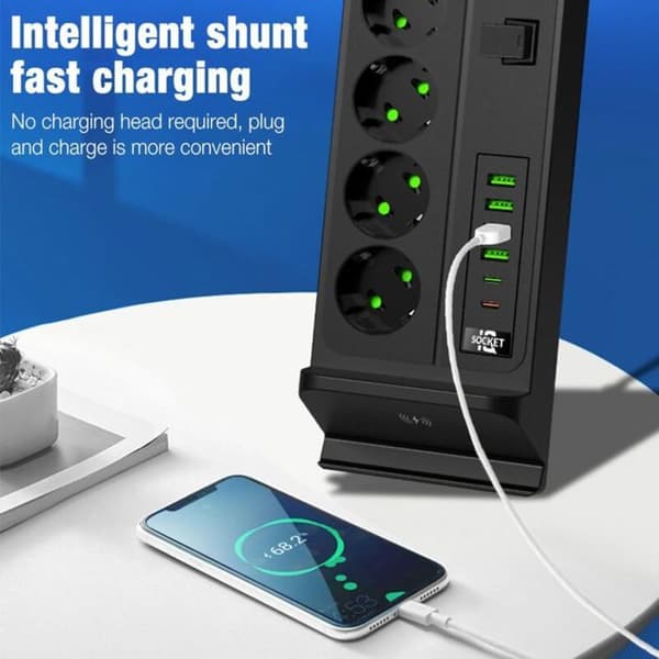 Largeight 11-i-1 strømskinne - 4 uttak - 6 USB-porter - 2m kabel
