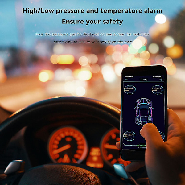 Däcktrycksövervakningssystem med 4 externa sensorer TPMS, tryck- och temperaturlarm, stöd för iOS/Android med appstyrning Black