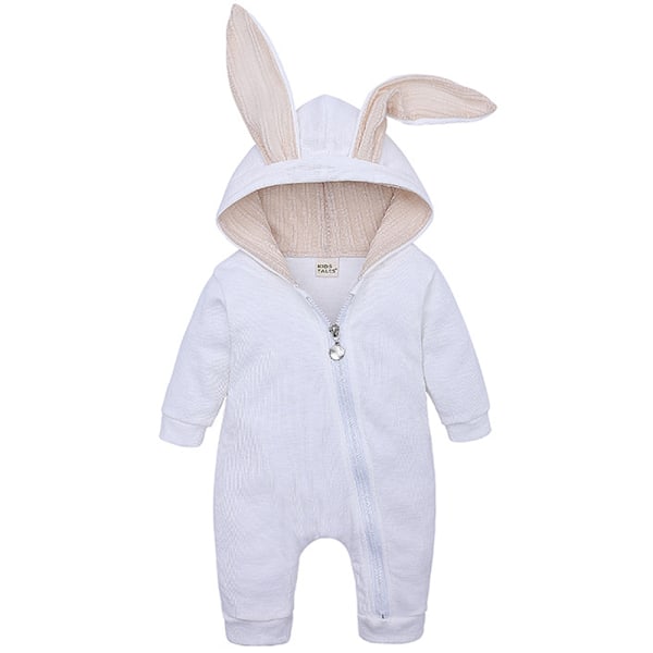 Baby Romper Söt Kanin 3D Öron Hoodie 1-Delad Dragkedja Body Vit White 59