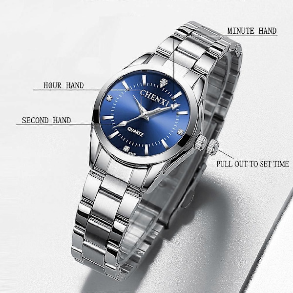 CHENXI CX-021B Dame Klassisk Quartz Ur Modeur Rustfrit Stål Rem Lysende Viser 30M Liv Vandtæt Lyseblå Urskive