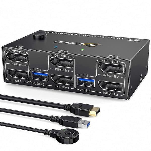 KVM-switch med dubbla skärmar DisplayPort för 2 datorer, 4 USB3.0-portar, 2 in 2 ut DP 1.4 KVM-switch Black