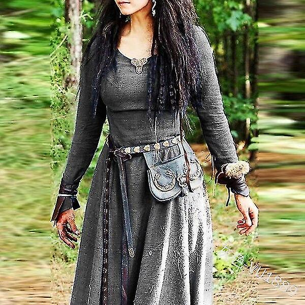 Medeltida klänning Kvinnor Långärmad Maxi Robe Vintage Fairy Elven Dress Renaissance Celtic Viking Gothic Kläder Fantasy Balklänning Grey M