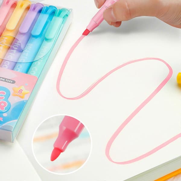 [KK] Dobbelt-hoved highlighter pen Tegnepen Highlighter Marker Highlighter Sæt Fluorescerende Pen 6