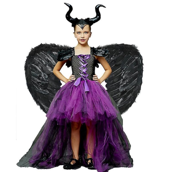 * Halloween Costume Maleficent Tutu Klänning För tjejer Cosplay Evil Queen Black Mesh Princess Dress Kids Crow Wand Maleficent
