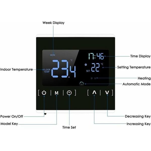 Termostat - LARGEIGHT - Programmerbar - LCD - 3m sensorkabel - 6 driftstilstande