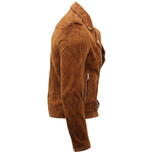 Herre Brun Tan Ruskind Læder Biker Jakke Tan XS