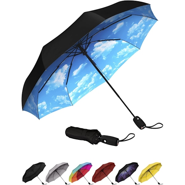 Repel Vindtæt Rejseparasol - Automatisk Åbning og Lukning, Holdbar & Kompakt Parasol, Stærk Fiberglasramme, Vandafvisende Blue Sky