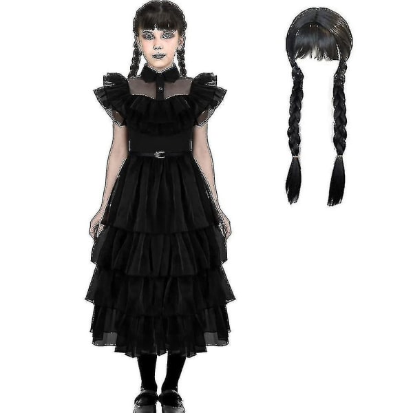 4-9 år Barn Flickor Onsdag Addams Cosplay Set Halloween Karneval Festklänning/peruker Dress and Wigs 7-8 Years