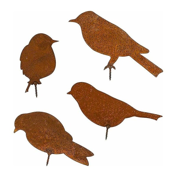 4 delar rostig metall fågel silhuetter, patina fåglar med skruvar, rostig fågel dekoration, för trädgård staket, träd och gren dekoration (rostig dekoration