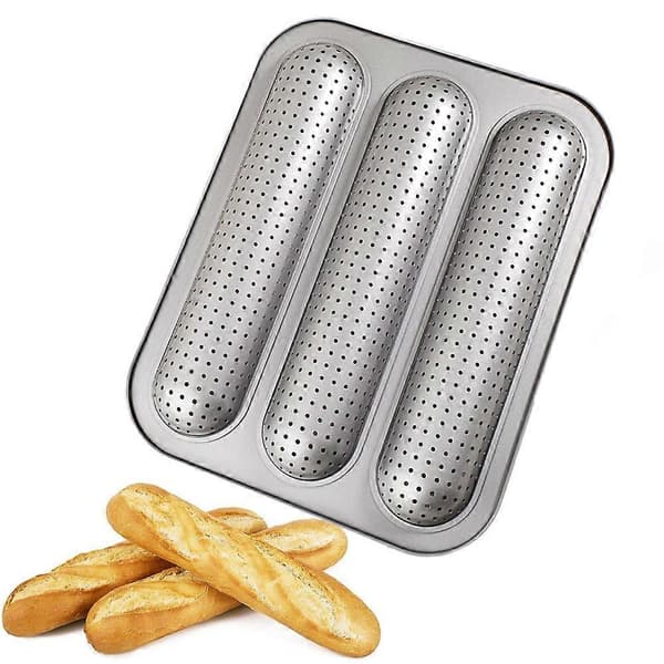 Baguetteform Fransk Brødform 3 Hulrum Bageplade Nonstick Langt Brød Toast Kageform Bageforme til Ovn Silver