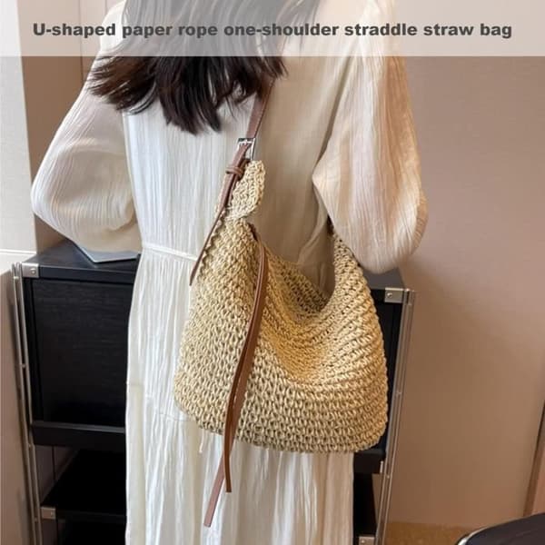 Skuldertasker, stråtasker, strandtasker til kvinder, vævede sommertasker med lynlåshåndtasker, beige