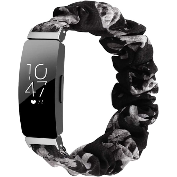 MEFEO Scrunchies kompatibla med Fitbit Inspire 2 Band/Inspire Svart/Grå Blomma Black/Grey Flower Small