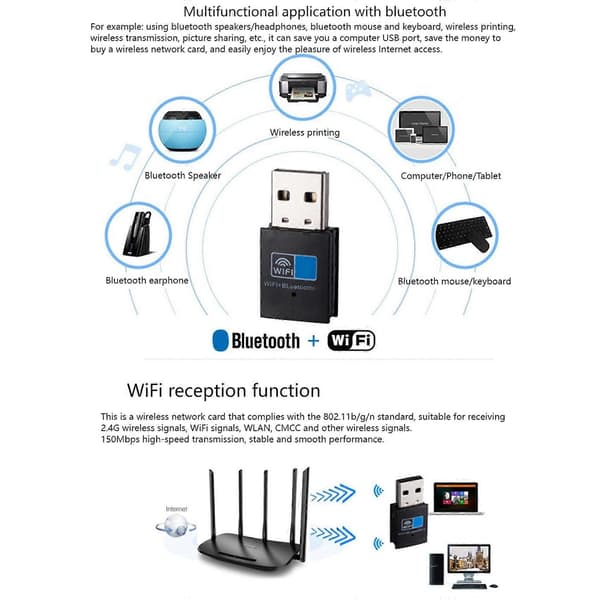 USB WiFi Bluetooth-adapter, Bluetooth 4.2 150 Mbps Wifi Dongle Nettverkskort, Wifi Bluetooth-mottaker Black