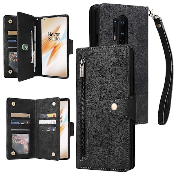 For OnePlus 8 Pro Naglefeste 9 Kort Tre-delt Lær Telefonveske Black