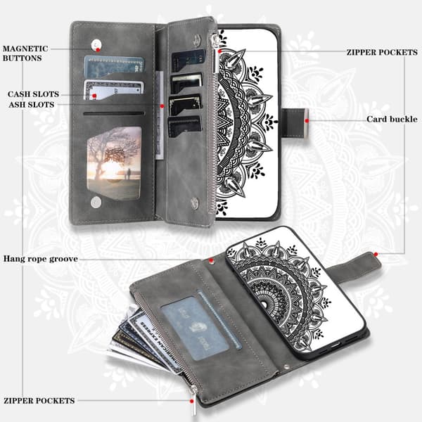 [KK] For Compatible with Samsung Compatible with Galaxy A56 Wallet Case Cover Shell Mandala Flower Pattern - Grey grå gray