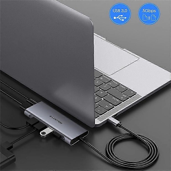 LENTION C35H-1M USB-C Hub -muunnin, moniporttinen telakointiasema, Type-C - 4 USB-A3.0+HD+PD -adapteri, yhteensopiva macOS:n ja Windowsin kanssa Grey