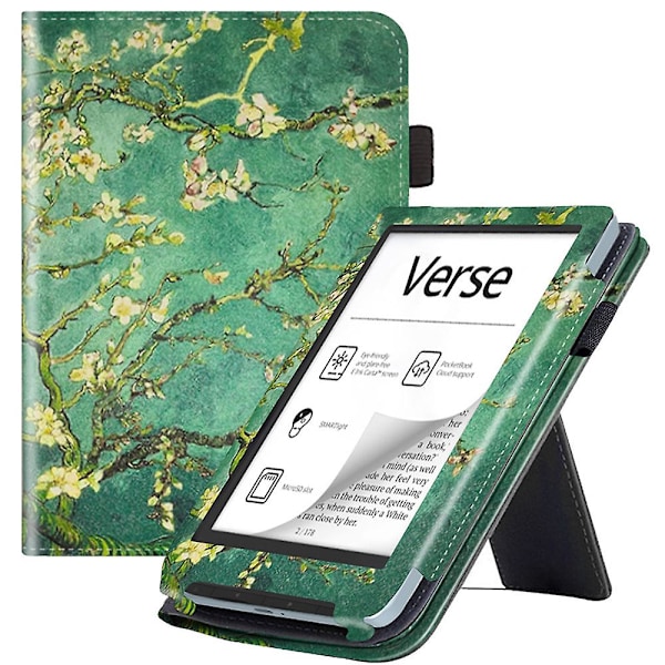 E-leserdeksel med kickstand for PocketBook Verse PB629, PU-lær, klaff, automatisk vekke/sove Plum Blossom  Green