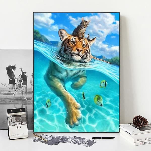 Borr runda diamanter 5d djur diamantmålningar Heminredning Väggkonst Katt och tiger diamond painting 12x16 tum