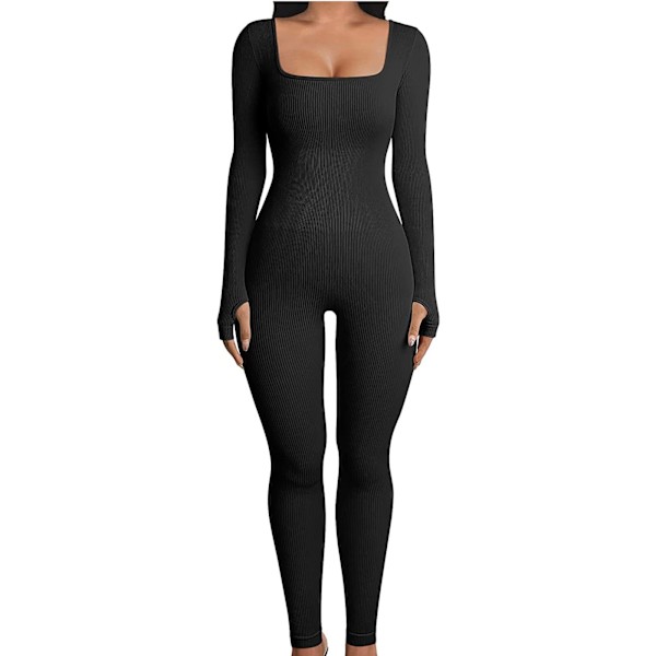 Yoga fitness jumpsuit med firkantet halsudskæring i sort black XL