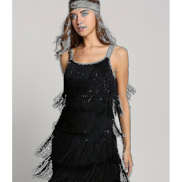 Suuri Gatsby -mekko 1920-luvun juhliin Vintage-helmi- ja reunusmekko naisille (FMY) Musta Black S