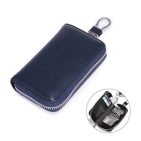 Leather car key case key ring protective case zipper bag blue